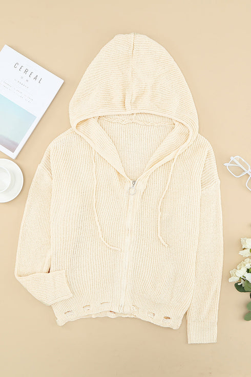 Zipper V-Neck Dropped Sleeve Hooded Solid Sweater